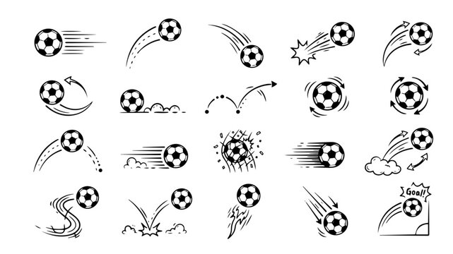 Soccer ball motion icon set flying football line art vector