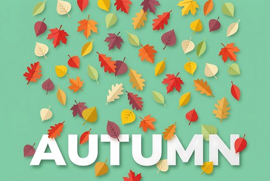 Scattered autumn leaves forming the word AUTUMN. Seasonal decor and fall celebration concept.