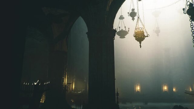 Misty mosque interior with hanging lamps, soft sunbeams through arches, incense haze, ornate columns and warm golden tones, atmospheric shadows creating