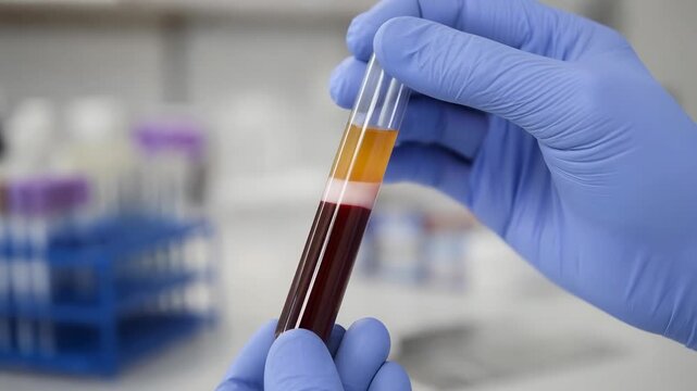 Laboratory blood plasma serum medical test research sample tube gloved hand showing separated blood plasma and serum layer clinical laboratory