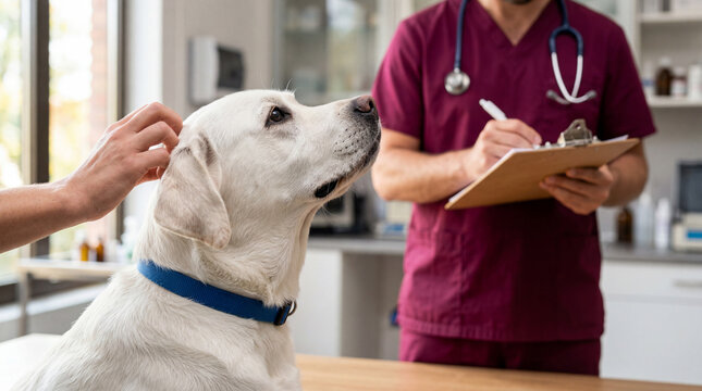 Veterinary checkup with a dog at a clinic in a busy city on a weekday afternoon