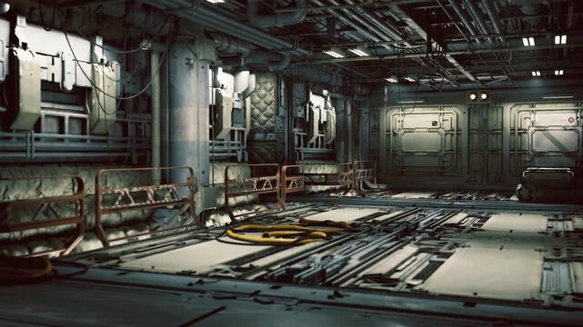 Dim underground bunker with exposed pipes and valve clusters, engineer securing emergency generator and backup systems, concrete pillars and tethered cables,