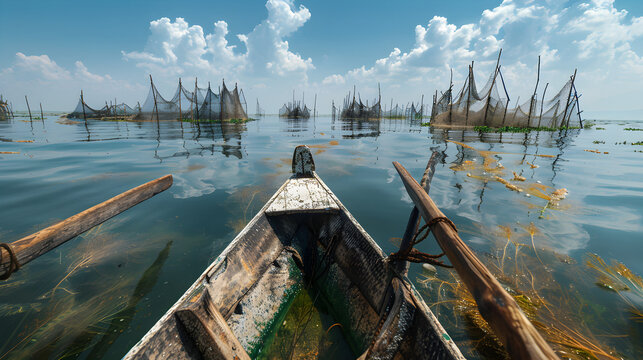 Wooden Boat View Near Fishing Nets at Hakaluki Haor