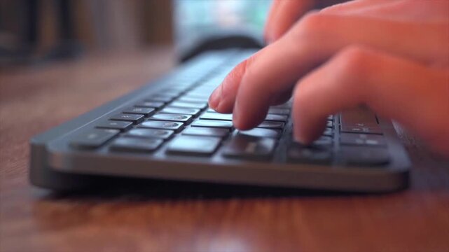 Close up of hands typing on wireless keyboard, modern office workspace, remote work, computer technology, productivity, home office, 4k macro video