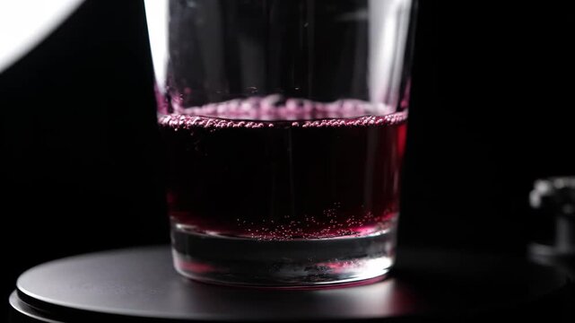 Close-up macro shot of dark red liquid, likely wine or fizzy juice, bubbling and foaming in a clear glass against a stark black background.