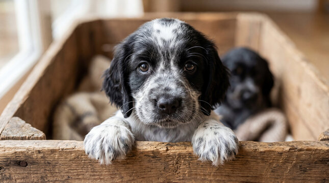Puppies in a wooden box with soft blankets during the day in a home setting