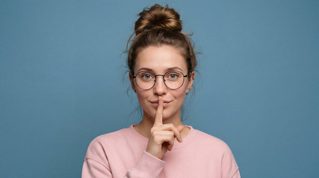 Woman making a shushing gesture with her finger on her lips in front of a blue background