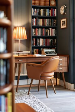Mid-Century Modern home office featuring a walnut desk, caramel leather chair, vintage typewriter, and a bookshelf filled with books