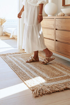 Woman stepping into leather sandals on a woven jute runner in a modern coastal dressing room with soft afternoon light