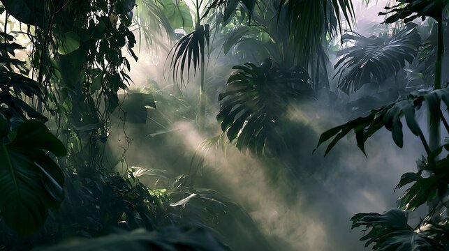 Misty tropical jungle with lush green foliage and sun rays