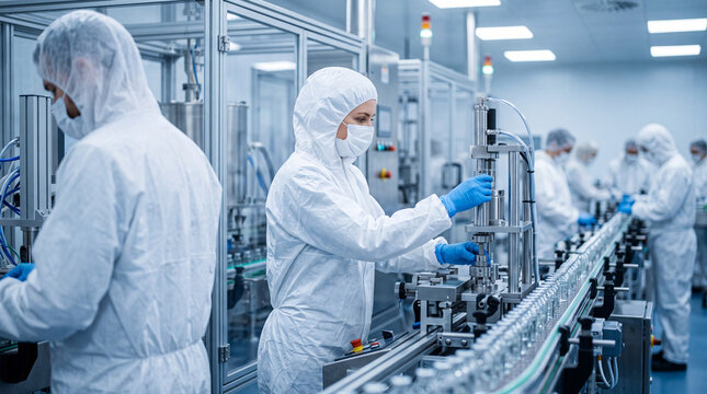 Workers in protective gear operate machinery in a cleanroom for manufacturing processes during daytime hours