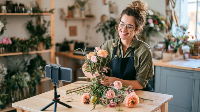 A bright clean scene of everyday content creation for local business. A small business owner arranges flowers while a smartphone on a tripod films the process.	