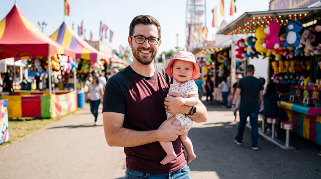 Father holds baby at a fair with colorful booths and games in the background during a sunny day