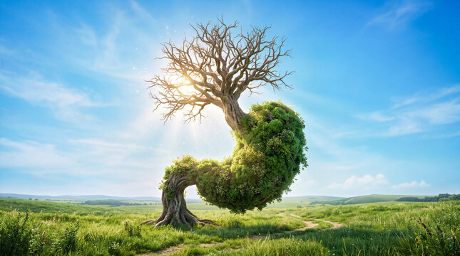 Tree stands on a path in a green field under a blue sky during daytime with sunlight shining through its branches