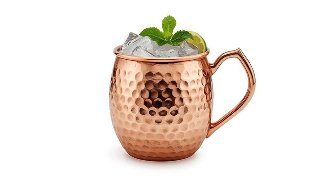 Hammered copper mug with mint and lime on white background

