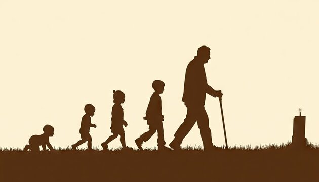 Human life cycle silhouette from baby to elderly with cane
