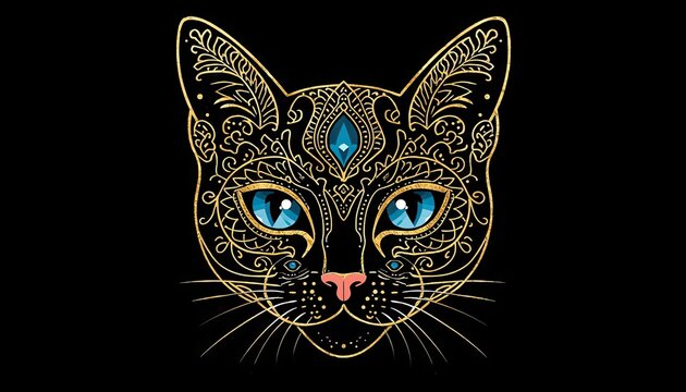 Ornate golden cat face with blue gem and pink nose on black
