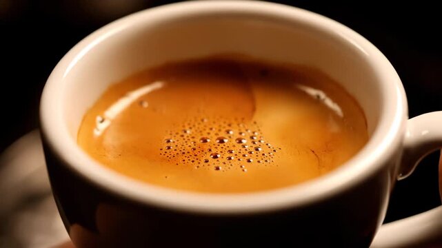 Professional macro shot of fresh espresso in a white ceramic cup, highlighting the thick, velvety golden crema and delicate microfoam bubbles against a moody, dark background.