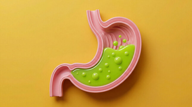 Colorful model of a stomach with liquid and bubbles on a bright yellow background