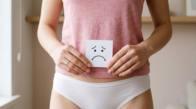 Woman holds paper with sad face in front of her stomach in indoor space during daytime