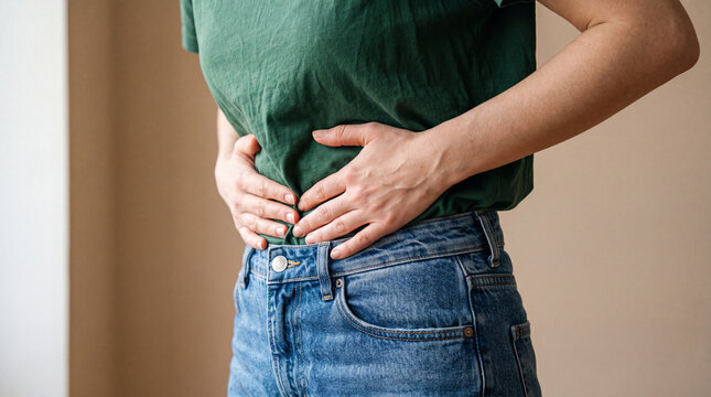 Woman holds her stomach while standing in a room with neutral colors during daylight hours