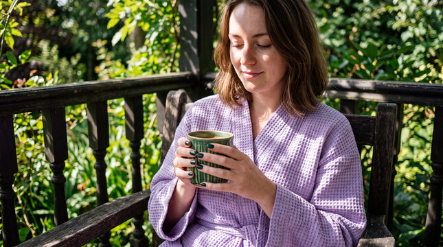 Woman sitting on a porch holding a cup while enjoying a green garden scene in the morning