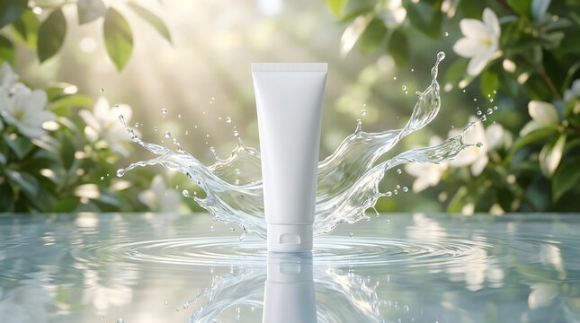 Natural Skincare Cosmetic Tube with Water Splash in Blooming Garden Sunlight Product Splash Photography