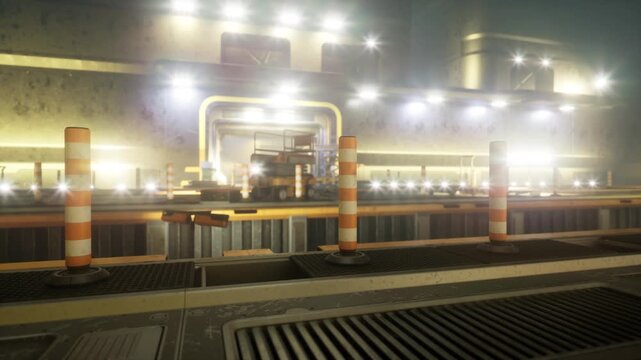 Brightly lit automated assembly line, glowing conveyors, safety bollards, control panels, humming motors, sterile sheen, efficient flow and smart factory
