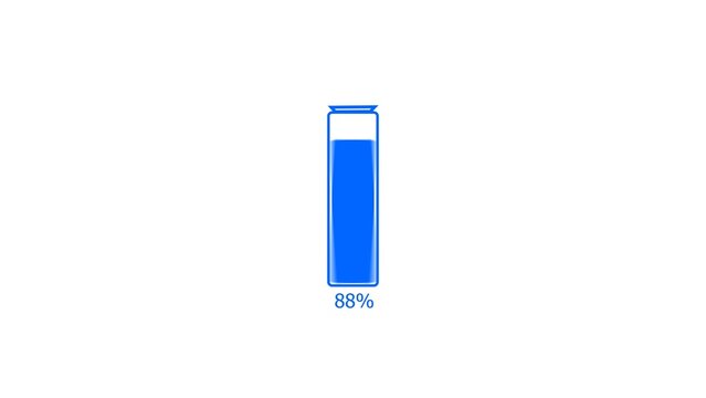Blue battery charge low warning concept 4k illustration.  Loading 0 to 88 percent complete of a low battery icon. White background 4k illustration. 