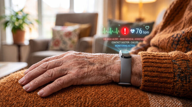 Senior person with health monitor on wrist at home checking heart rate