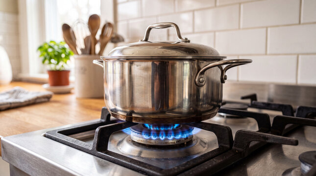 Cooking on a gas stove with a pot on the heat in a cozy kitchen setting
