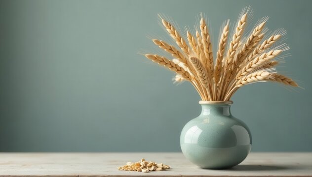 Modern ceramic vase filled with dried oat stalks , simple, dried, object