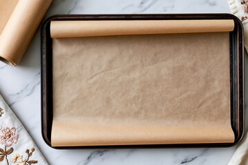 Fototapeta premium The Parchment-Lined Baking Sheet Prepared for Fresh Pastries and Cookies