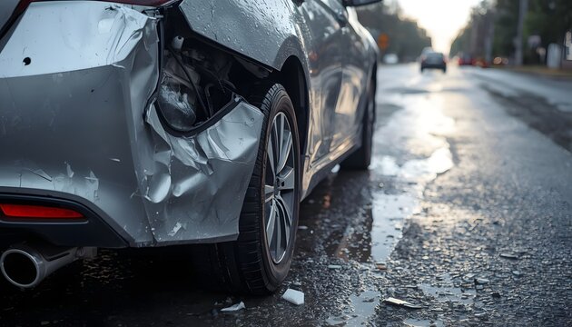 Damaged Silver Car Rear End After Collision on Wet Road