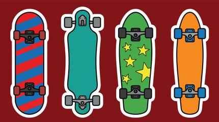 Collection set vector illustration of skateboard deck designs in modern flat style. Perfect for street sports, branding, merchandise, education, apps, prints and recreation © Amie