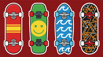 Collection set vector illustration of skateboard deck designs in modern flat style. Perfect for street sports, branding, merchandise, education, apps, prints and recreation © Amie