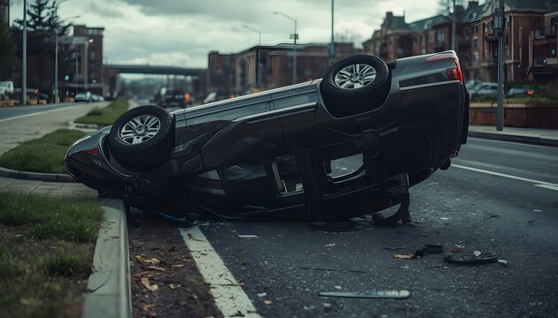 Overturned Black Car After Rollover Accident on City Road