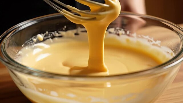 Hand whisking creamy yellow batter in glass bowl