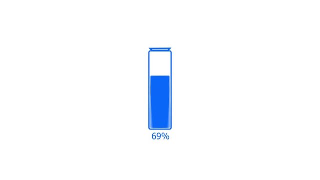 Blue battery charge low warning concept.  Loading 0 to 83 percent complete of a low battery icon. White background 4k video. 