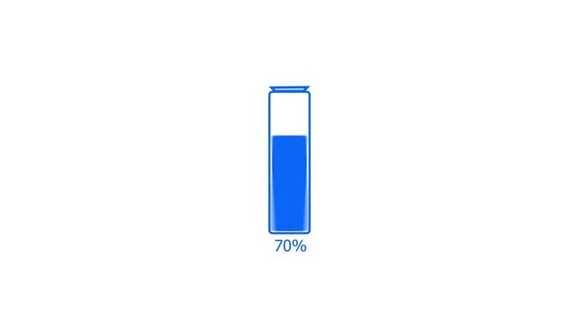 Blue battery charge low warning concept.  Loading 0 to 84 percent complete of a low battery icon. White background 4k video. 