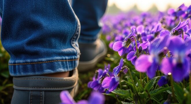 Close-up of person walking through vibrant purple flower field, capturing spring atmosphere, nature exploration, and peaceful outdoor countryside moment