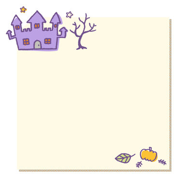 A cream-colored sticky note design featuring a Halloween castle and a pumpkin