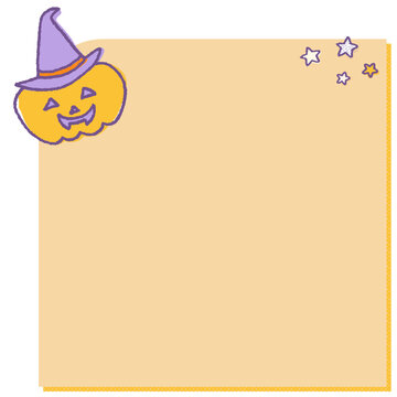 An orange sticky note design featuring cute Halloween illustrations of pumpkins and stars wearing witch hats