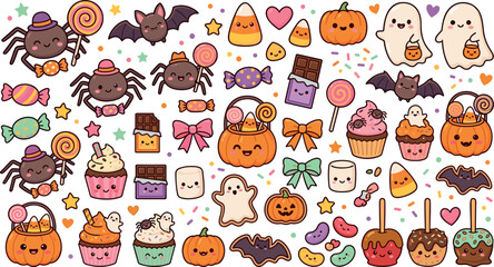 Fototapeta premium Cute kawaii Halloween sticker vector set with smiling pumpkins, ghosts, bats, spiders, cupcakes, candies, and sweet treats elements