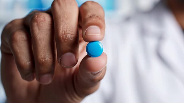A professional doctor wearing a white medical gown carefully holds one small blue medicinal tablet between fingers to demonstrate the effective pharmaceutical treatment for patients battling