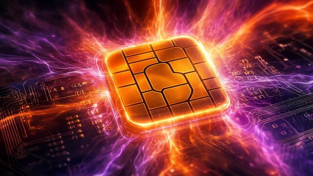 Sim card chip technology network data connection electricity glow orange purple spark microchip circuit digital energy network data connection