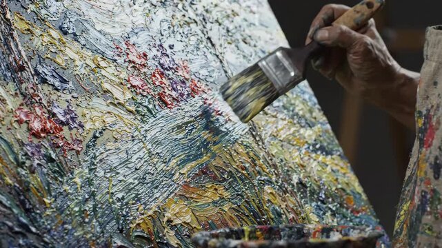 Impasto painting oil paint artist hand paintbrush on canvas textured abstract art detail colorful palette strokes creative expression in studio