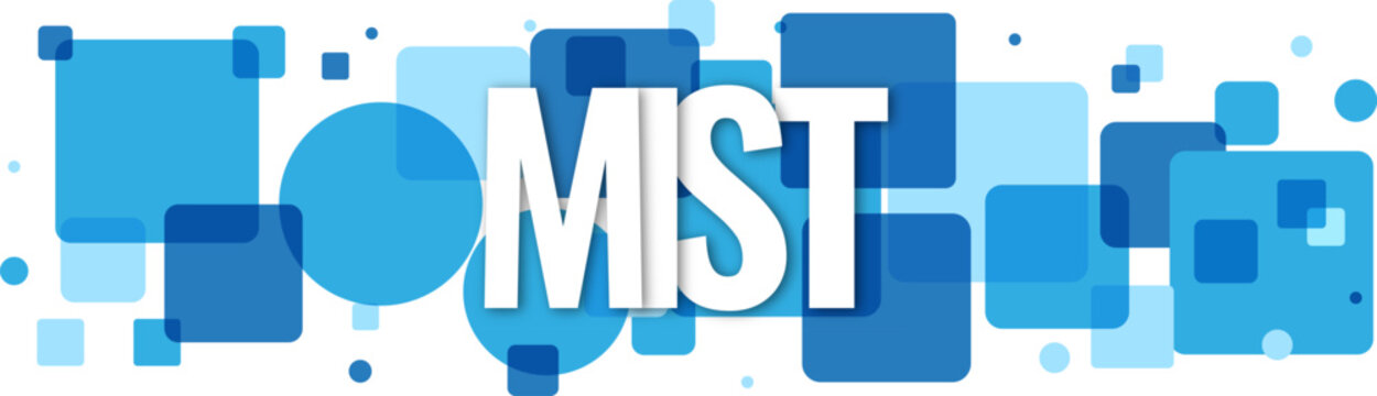 Bold word mst displayed in white typography with decorative blue geometric squares and round shapes
