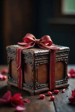Ornate wooden gift box, intricate carvings, aged patina, object, decoration, grain