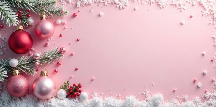 Pastel pink vintage Christmas background with soft, faded ornaments and snowy textures , dreamy, light pink